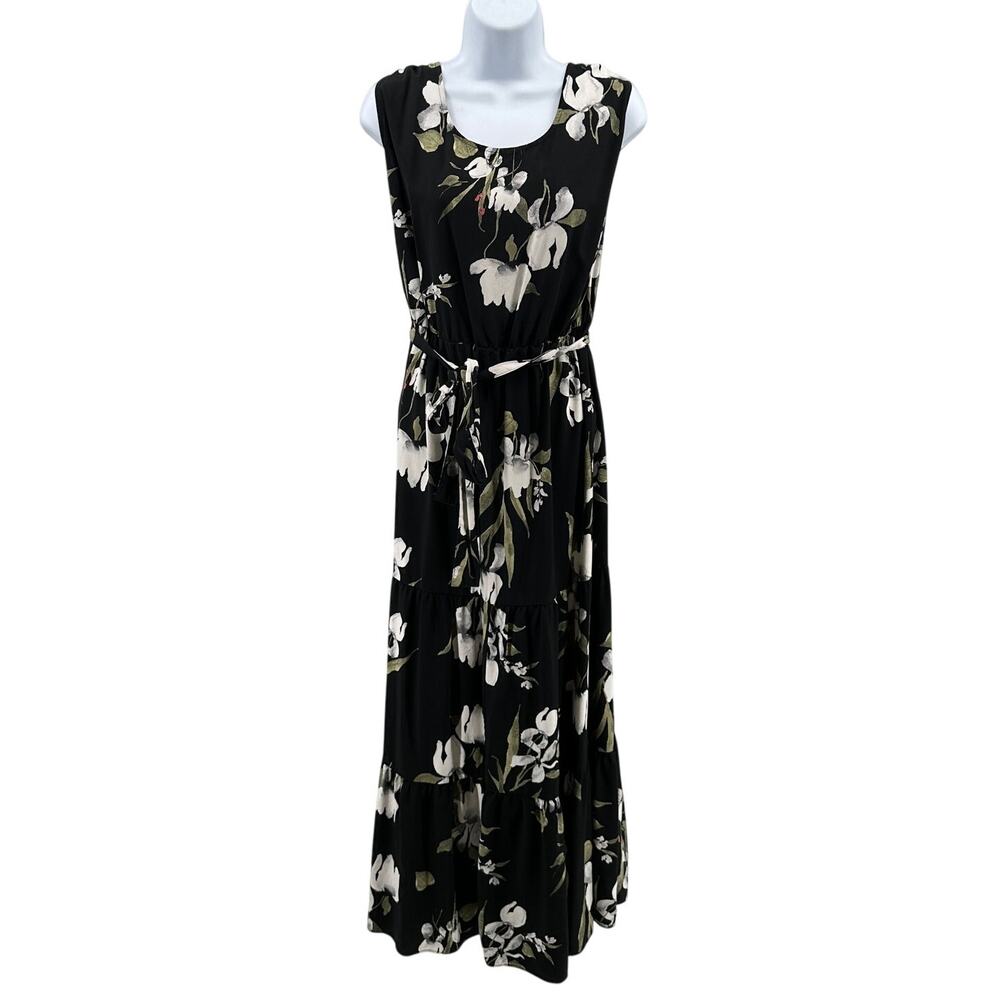 Ava & Viv Maxi Dress WMNS 1X Black Gray Floral Tiered Belted Sleeveless Pullover